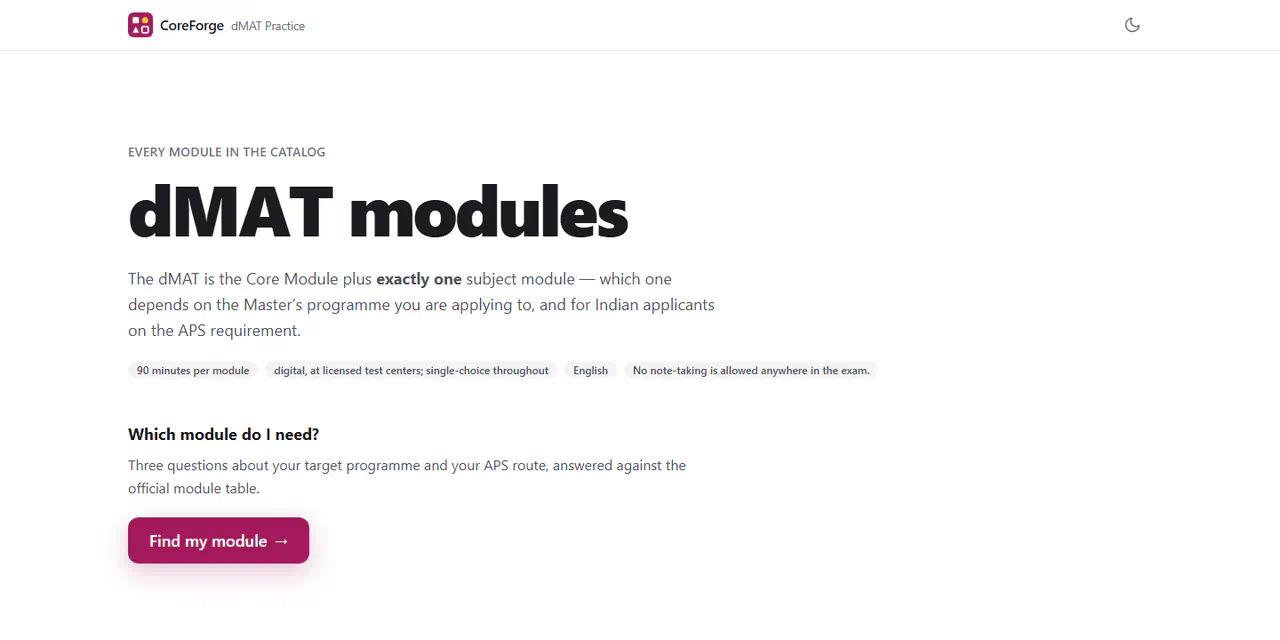 CoreForge dMAT modules page: it explains that the dMAT is the Core Module plus exactly one subject module, lists facts such as 90 minutes per module, and offers a Find my module button for the “Which module do I need?” wizard.